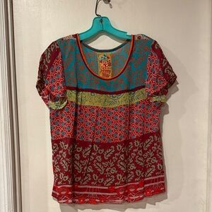 Johnny Was Red and Blue Patterned Blouse